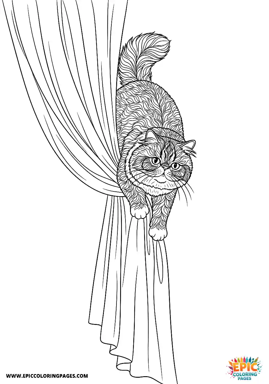 Persian Realistic Persian cat climbing a curtain coloring page for adults