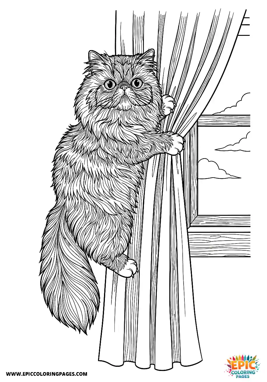 Persian Realistic Persian cat climbing a curtain coloring sheet for adults