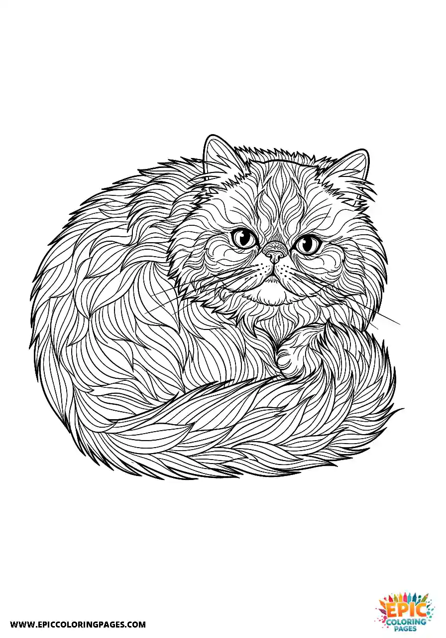 Persian Realistic Persian cat curled up tightly coloring page for adults