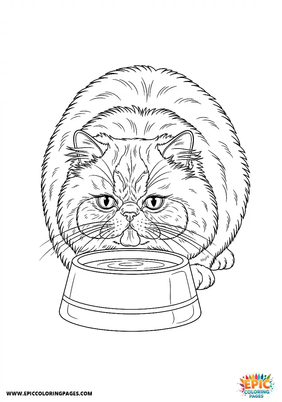 Persian Realistic Persian cat drinking from a bowl coloring sheet for adults