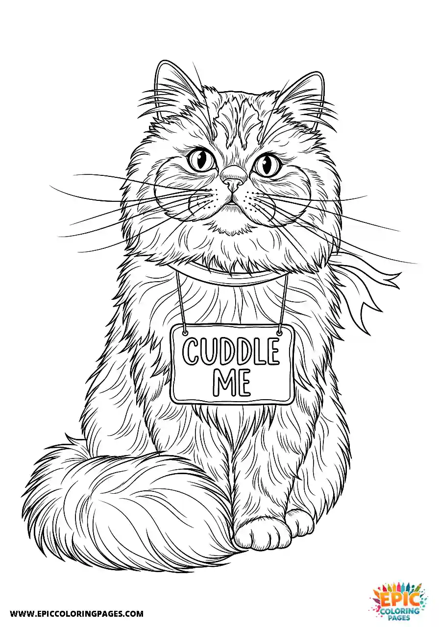 Persian Realistic Persian cat holding a cuddle me sign coloring page for adults