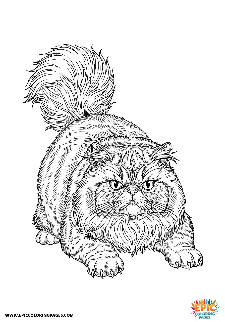 Persian Realistic Persian cat in a battle-ready crouch coloring page for adults
