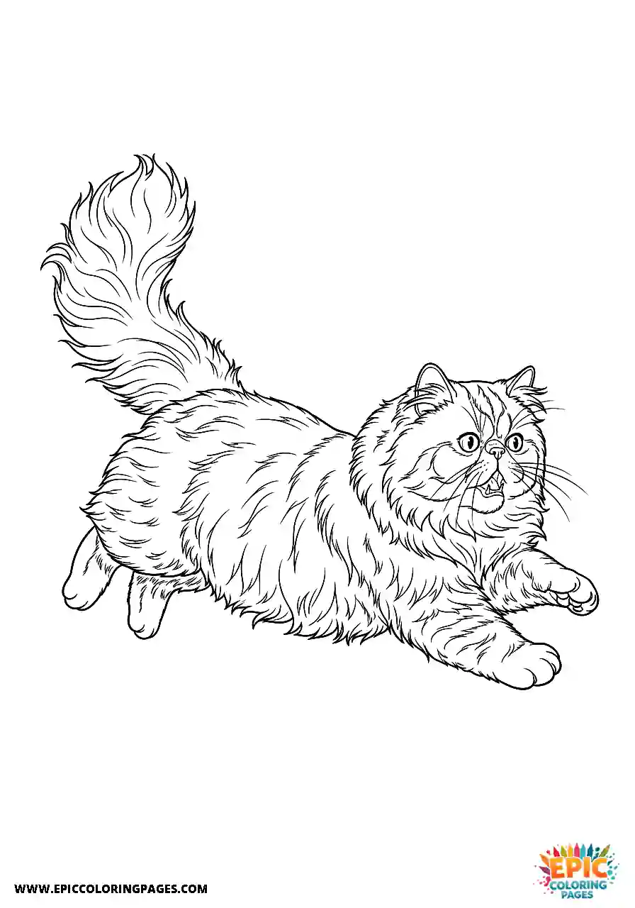 Persian Realistic Persian cat in a dramatic running pose coloring page for adults