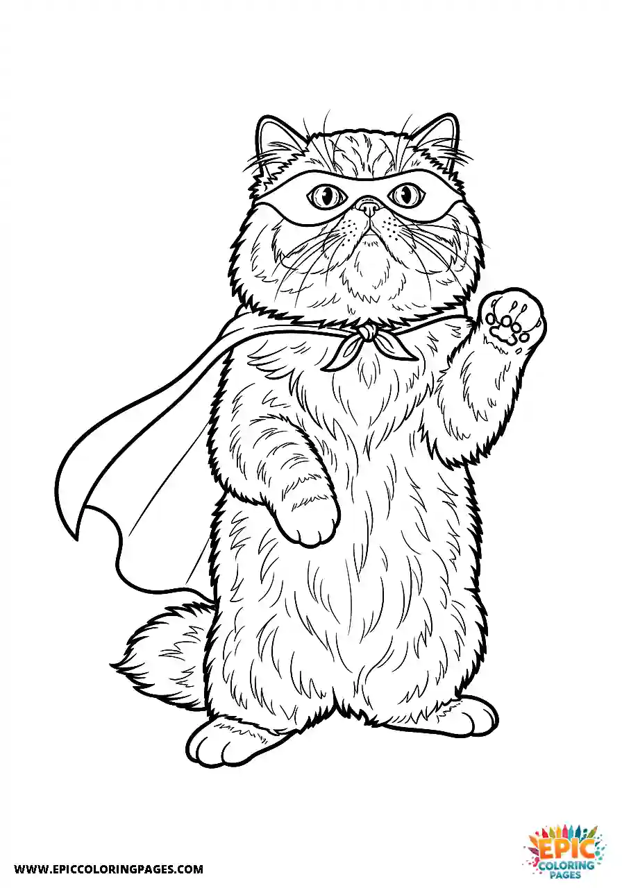 Persian Realistic Persian cat in a superhero pose coloring page for adults