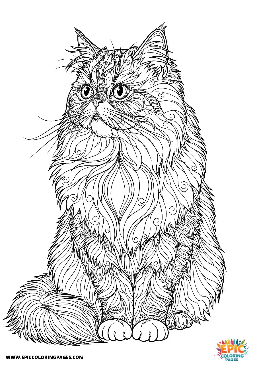 Persian Realistic Persian cat in a thoughtful pose coloring sheet for adults