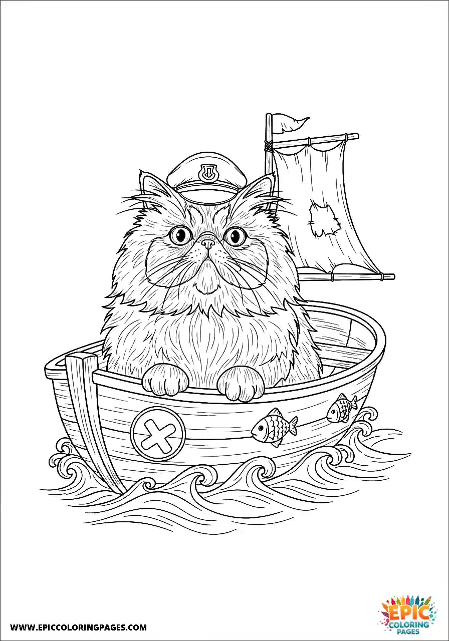 Persian Realistic Persian cat in a tiny boat coloring page for adults