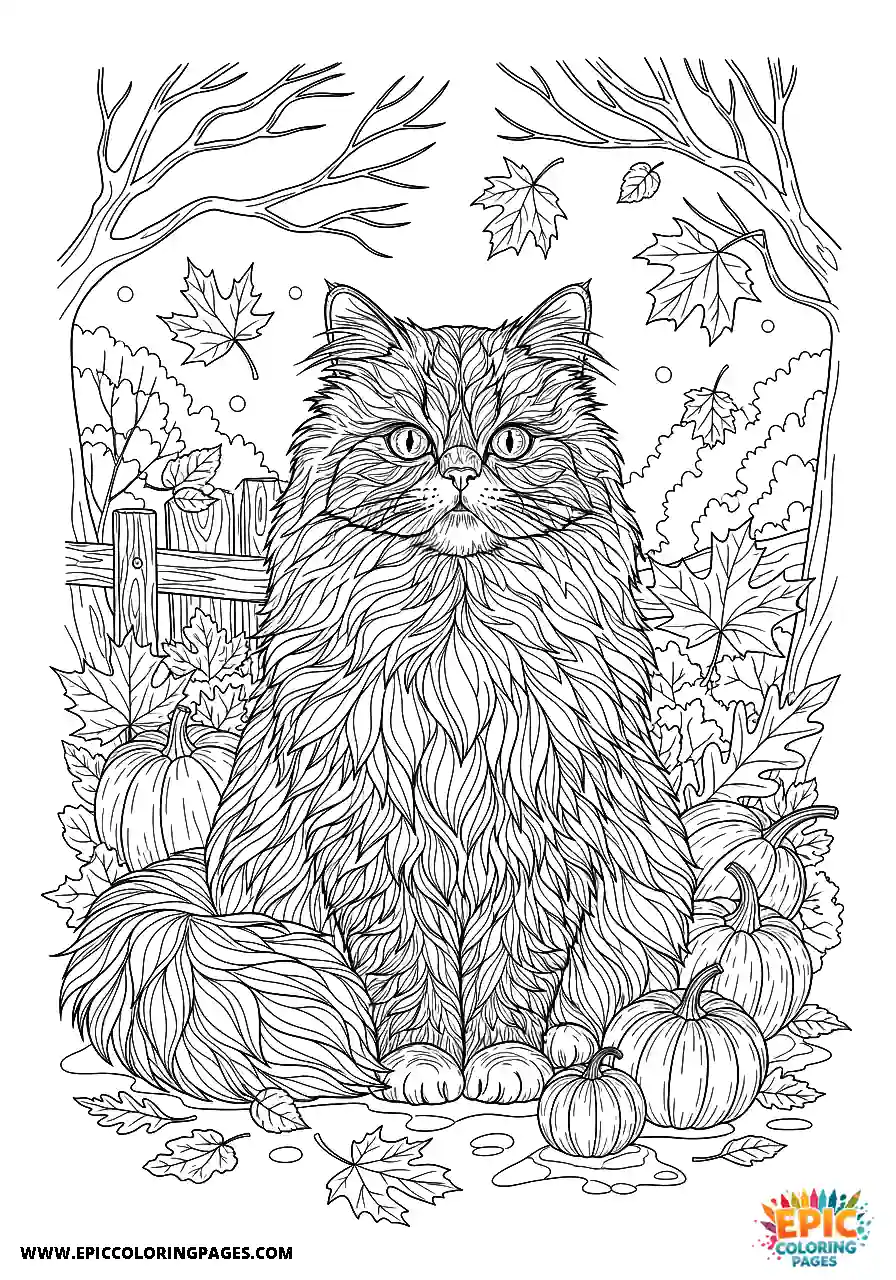 Persian Realistic Persian cat in an autumnal scene coloring sheet for adults