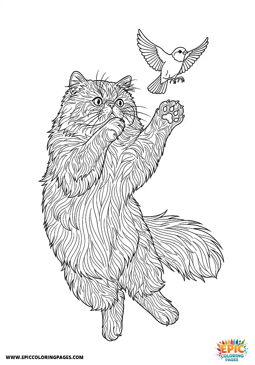 Persian Realistic Persian cat jumping to catch a bird coloring sheet for adults