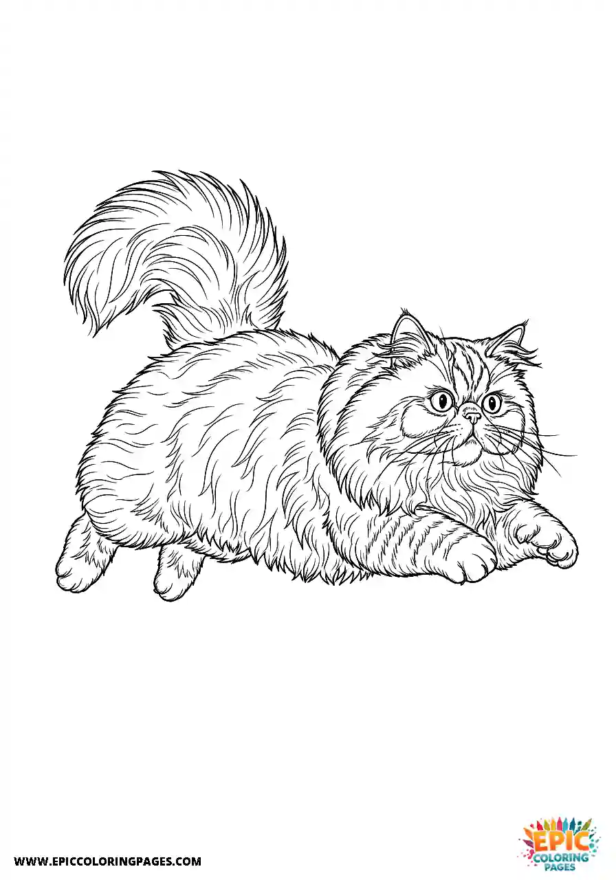 Persian Realistic Persian cat leaping from a height coloring page for adults