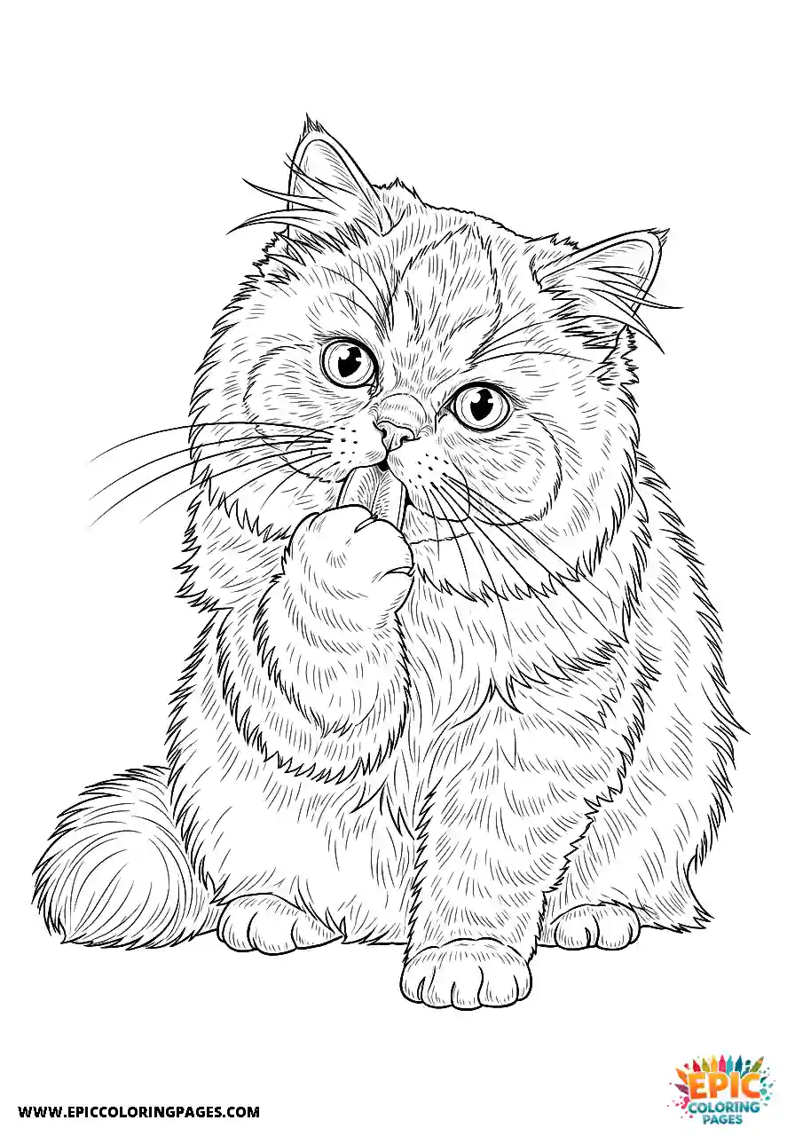 Persian Realistic Persian cat licking its paw coloring sheet for adults