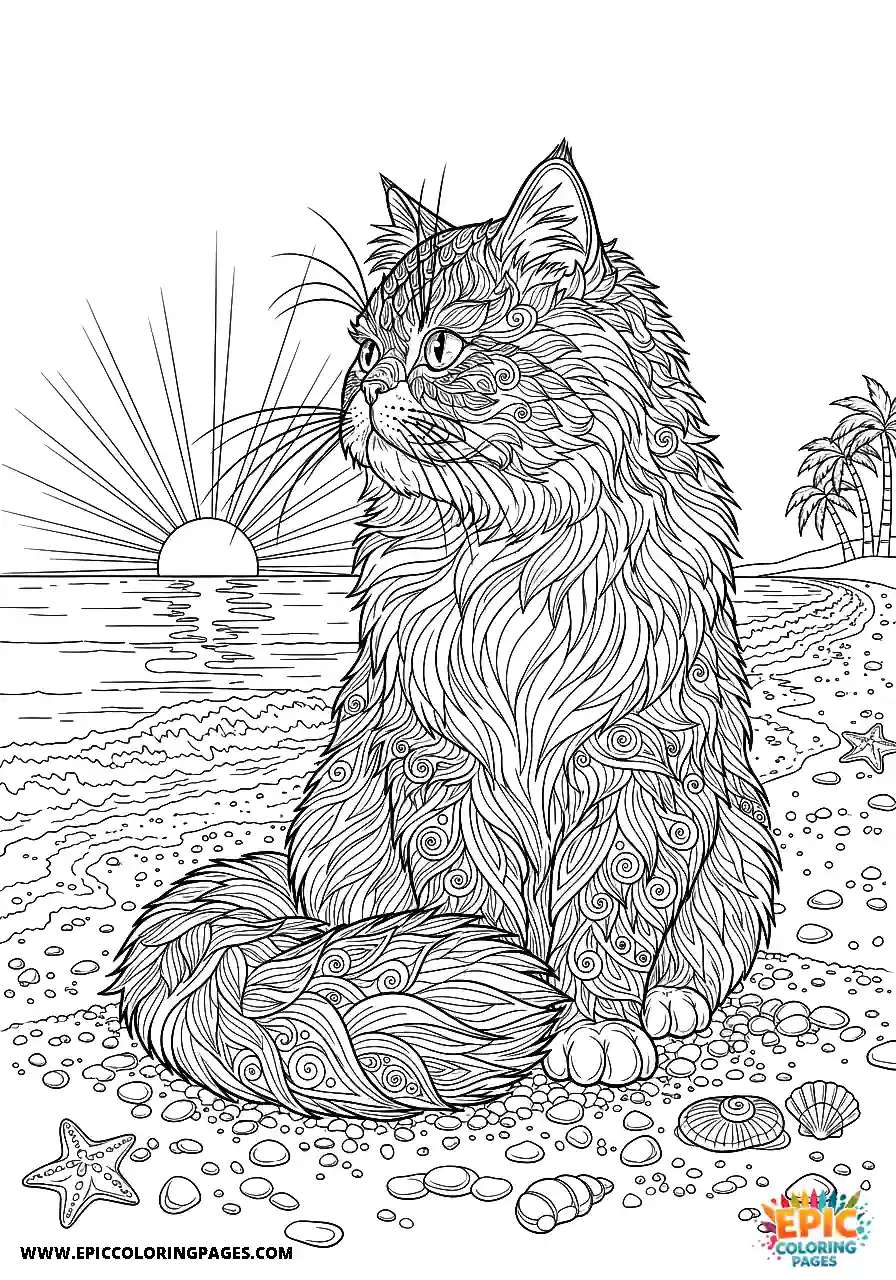 Persian Realistic Persian cat on a beach at sunset coloring page for adults