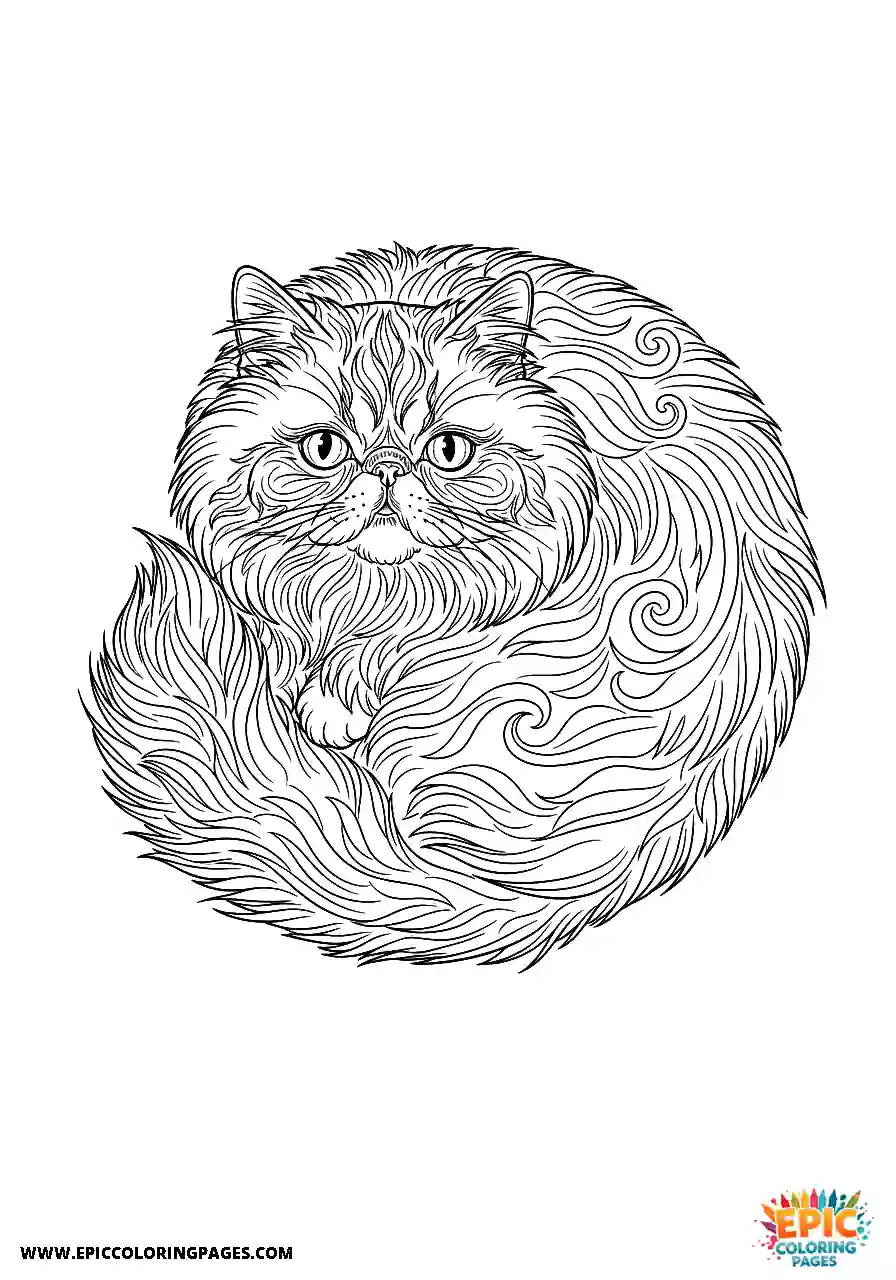 Persian Realistic Persian cat overhead view curled up coloring sheet for adults