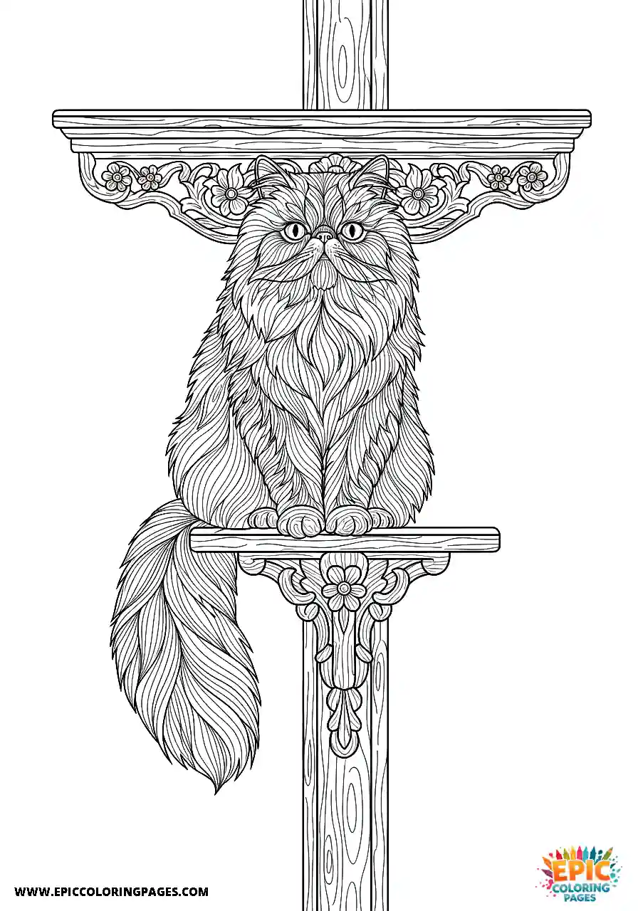 Persian Realistic Persian cat perched on a tall shelf coloring page for adults