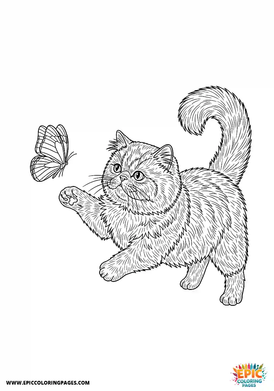 Persian Realistic Persian cat playfully chasing a butterfly coloring page for adults