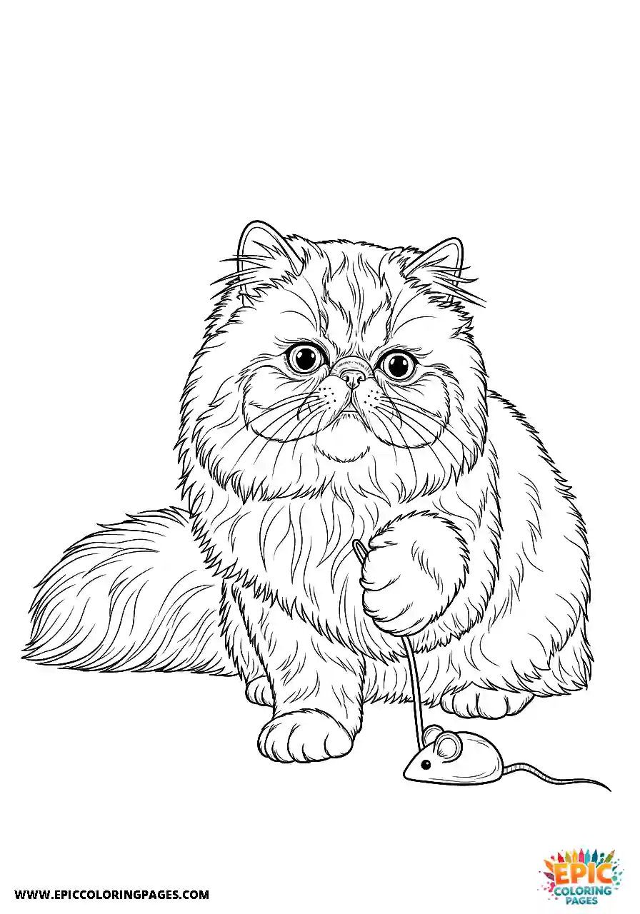 Persian Realistic Persian cat playing with a mouse toy coloring sheet