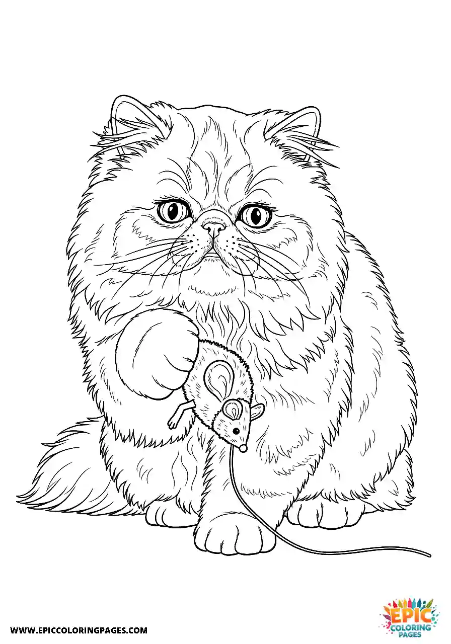 Persian Realistic Persian cat playing with a mouse toy coloring sheet for adults