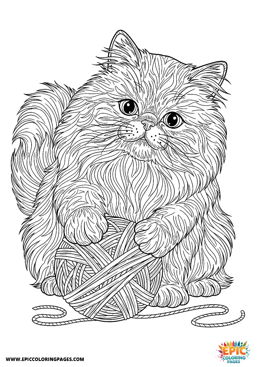 Persian Realistic Persian cat playing with a yarn ball coloring page for adults