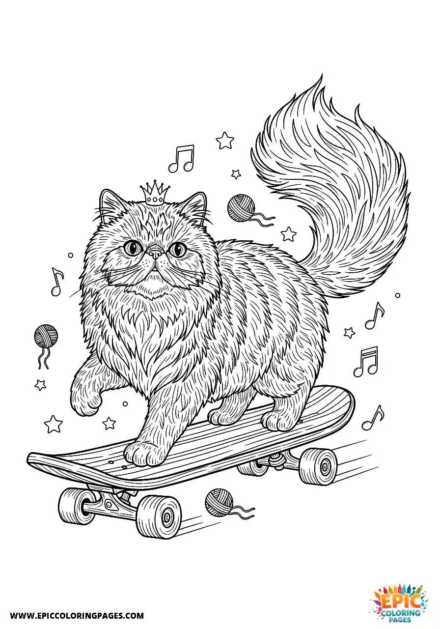 Persian Realistic Persian cat riding a skateboard coloring page for adults