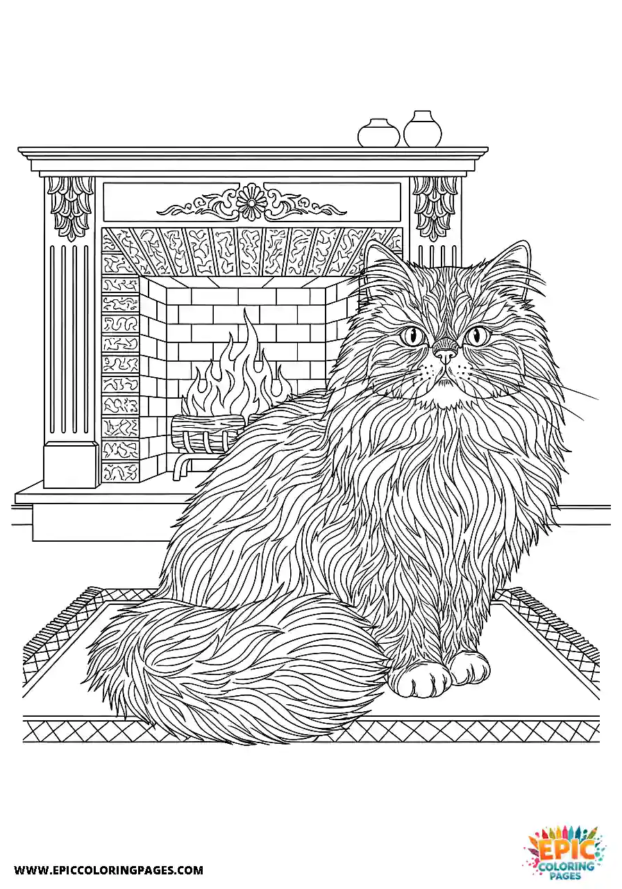 Persian Realistic Persian cat sitting by a fireplace coloring page for adults