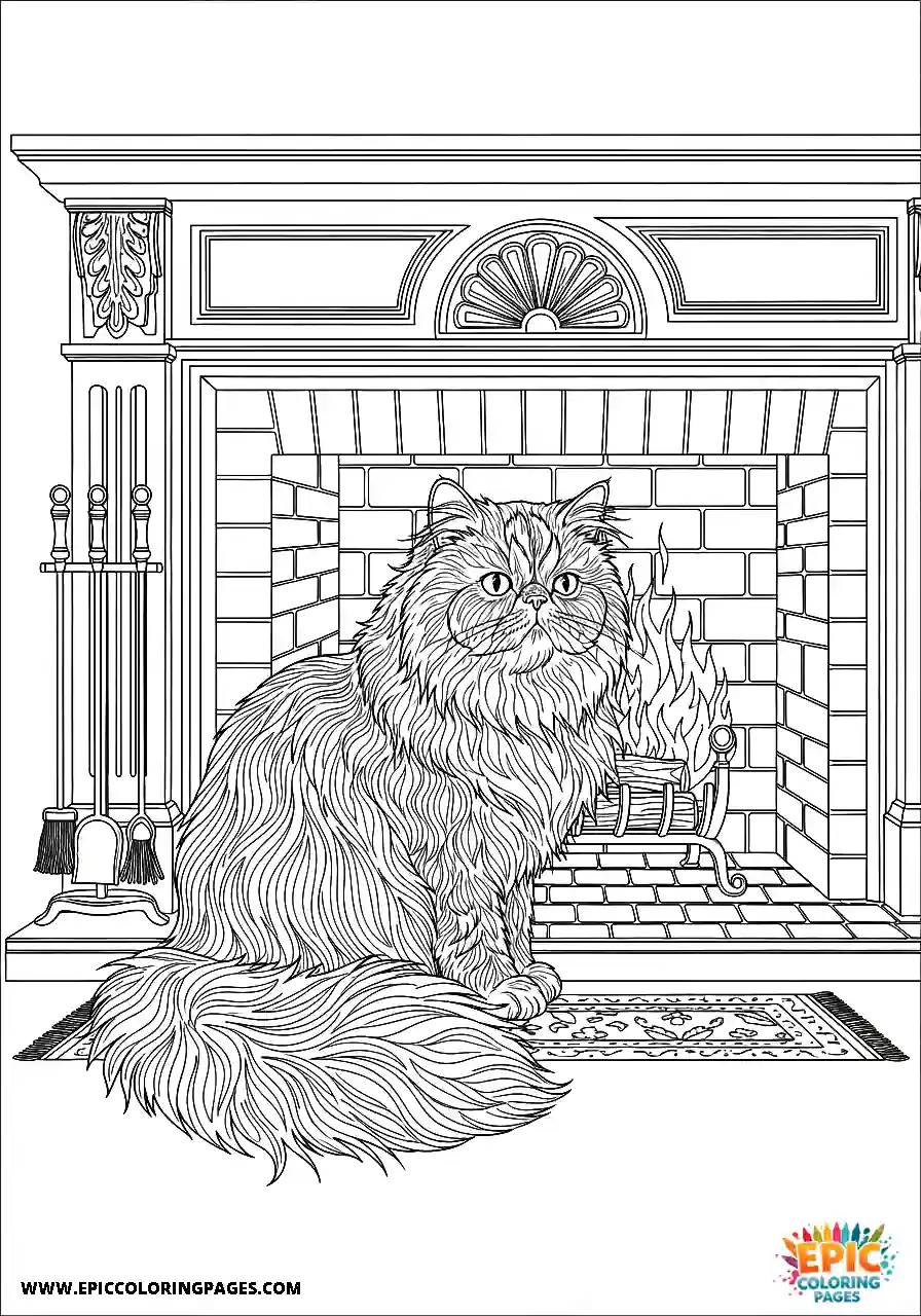 Persian Realistic Persian cat sitting by a fireplace coloring sheet for adults