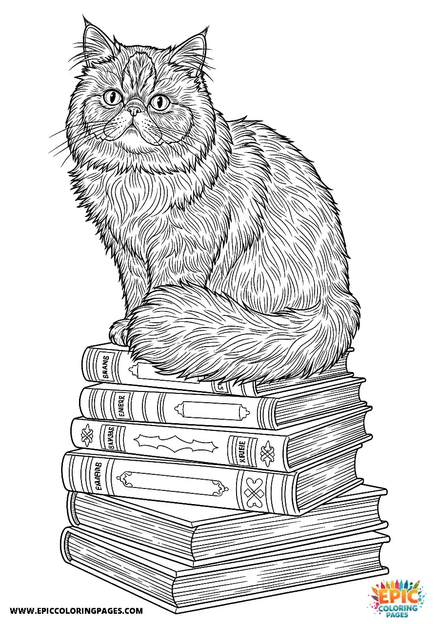 Persian Realistic Persian cat sitting on a book stack coloring page