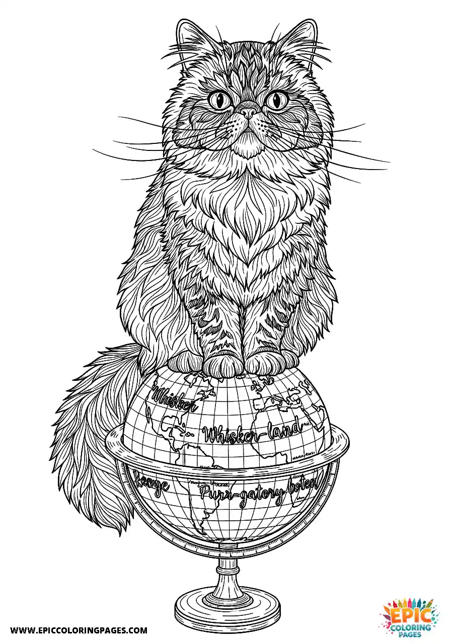 Persian Realistic Persian cat sitting on a globe coloring sheet for adults