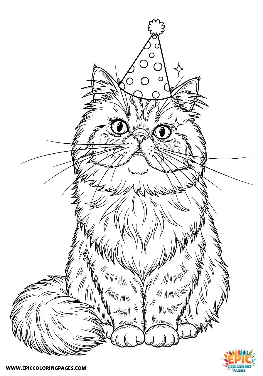 Persian Realistic Persian cat wearing a party hat coloring page for adults