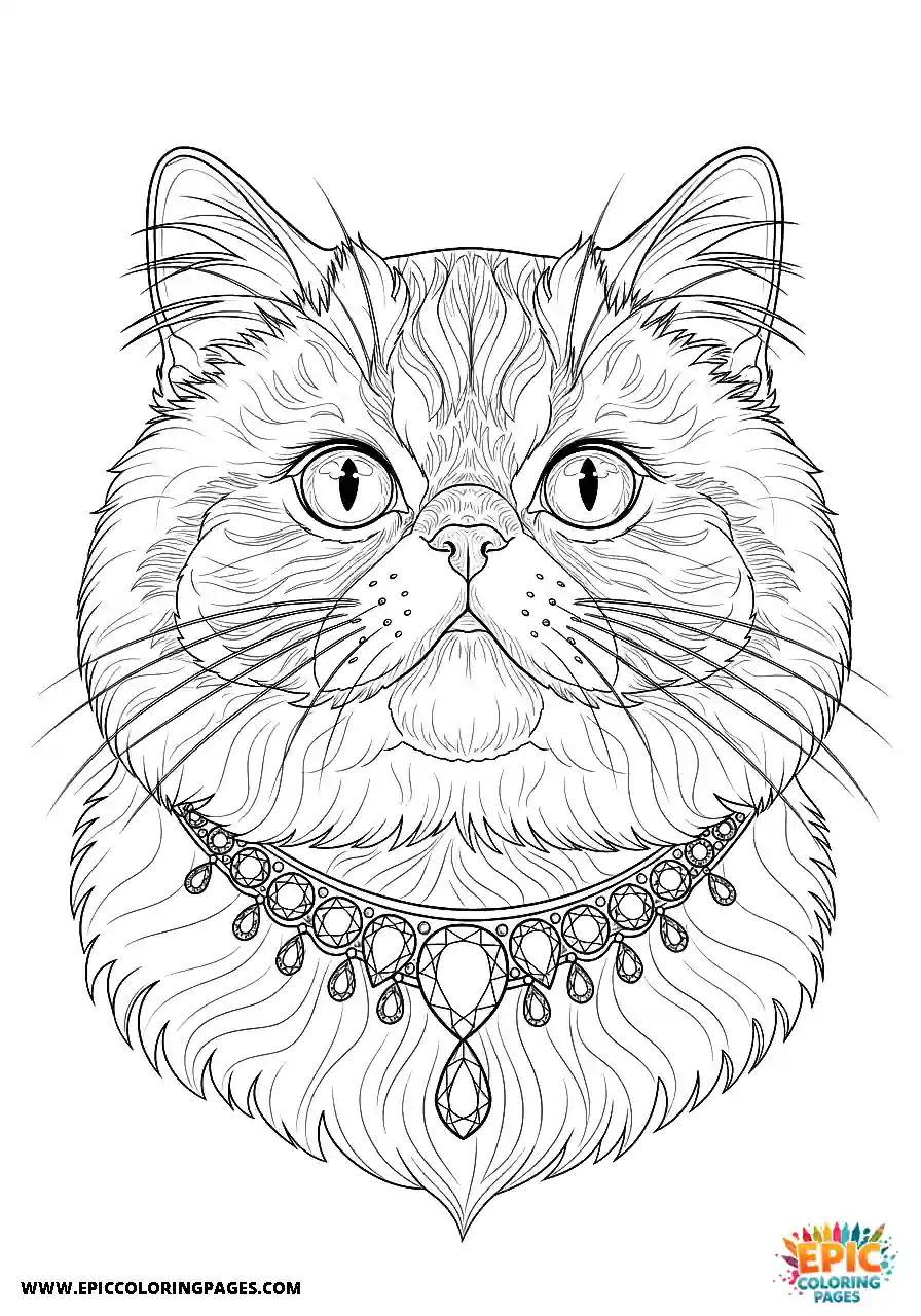 Persian Realistic Persian cat with a diamond collar coloring sheet for adults