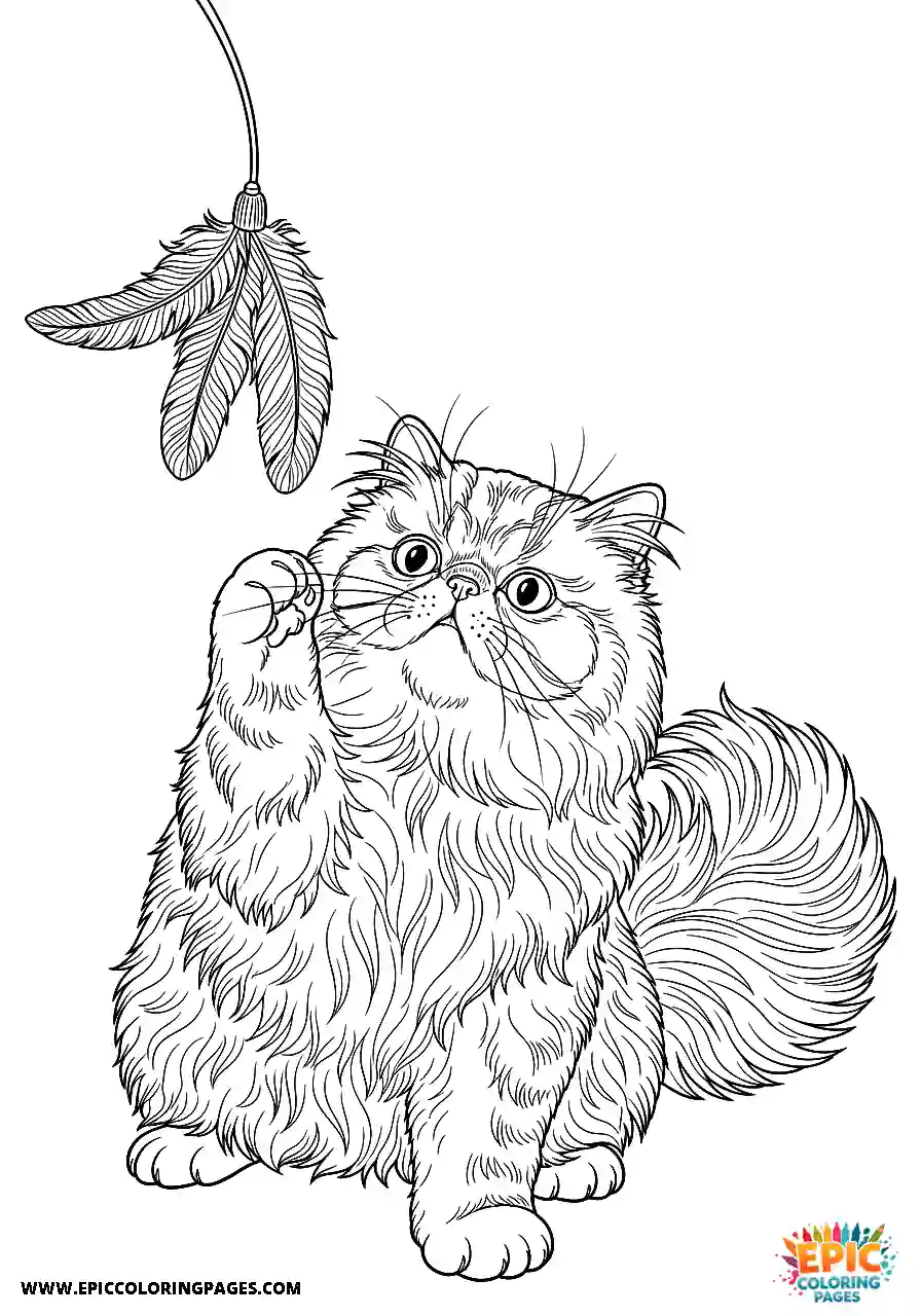 Persian Realistic Persian cat with a feather toy coloring page for adults