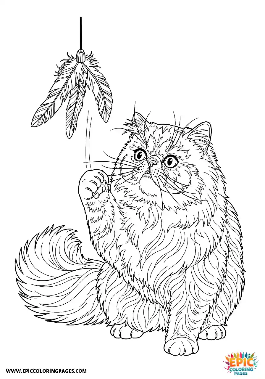 Persian Realistic Persian cat with a feather toy coloring sheet for adults