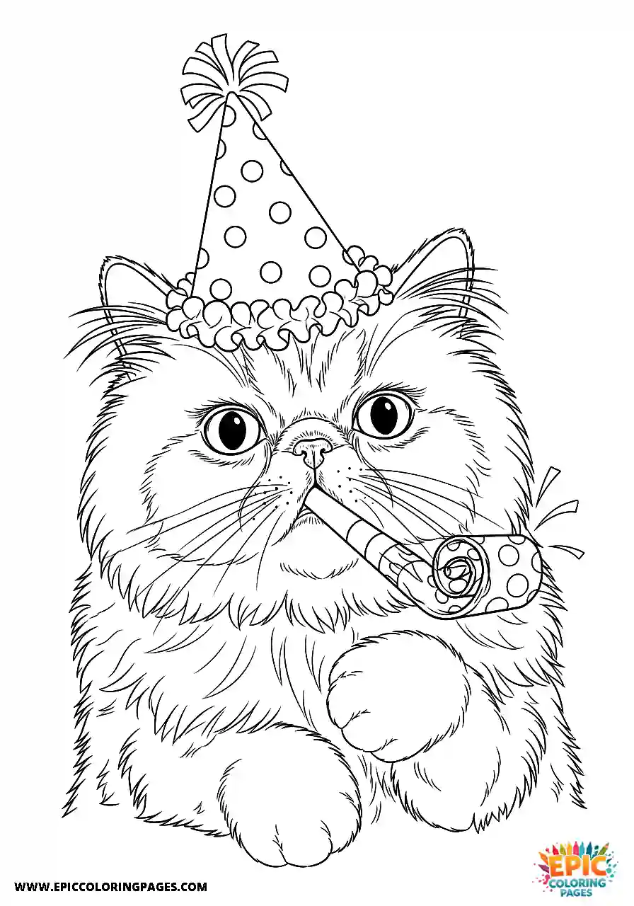 Persian Realistic Persian cat with a party blower coloring sheet for adults