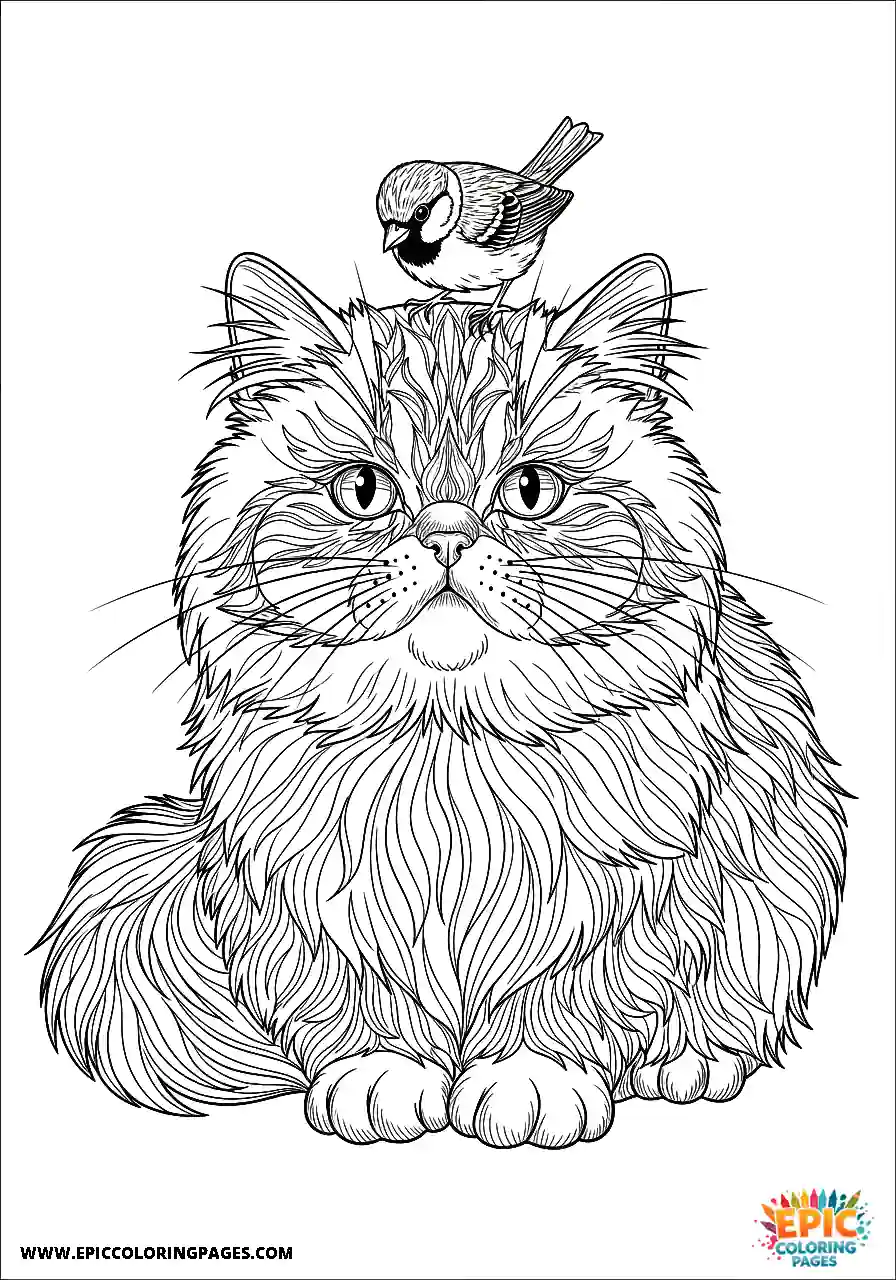 Persian Realistic Persian cat with a tiny bird on its head coloring sheet