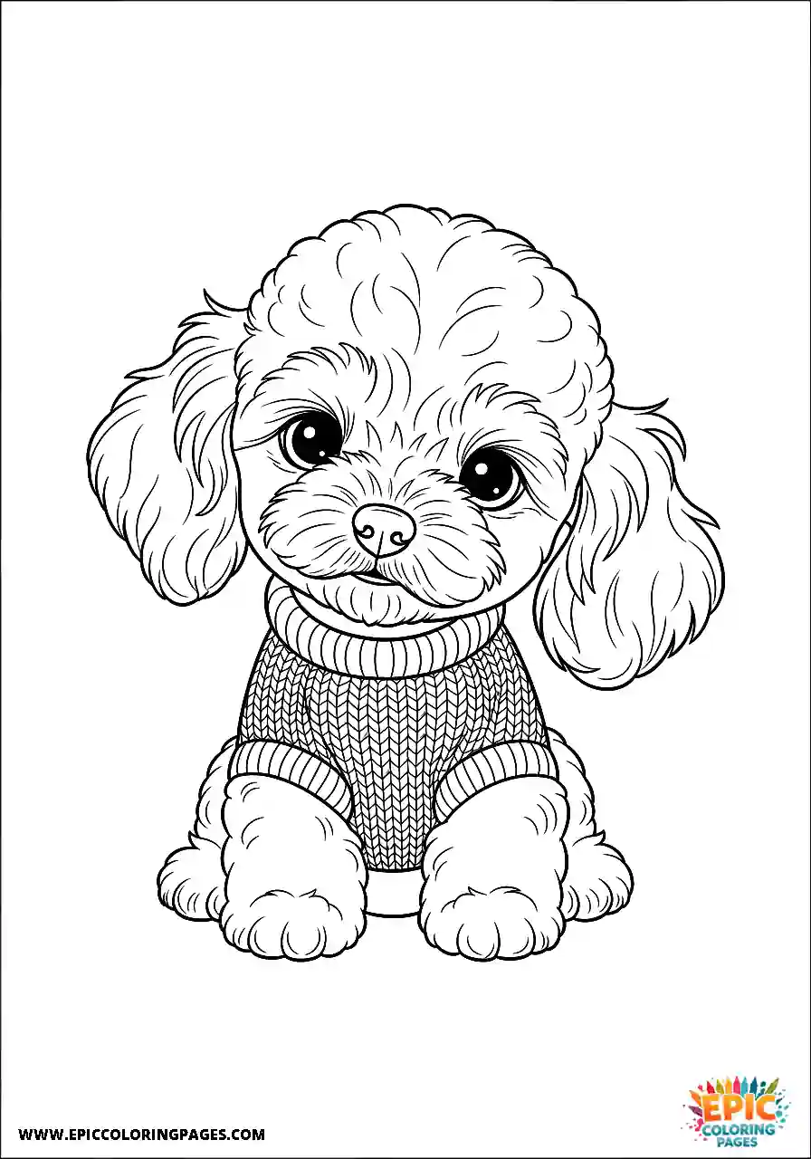 Small Poodle Dog Cozy In A Knit Pullover Cartoon Style Cartoon small Poodle dog coloring page for kids easy cozy in a knit pullover