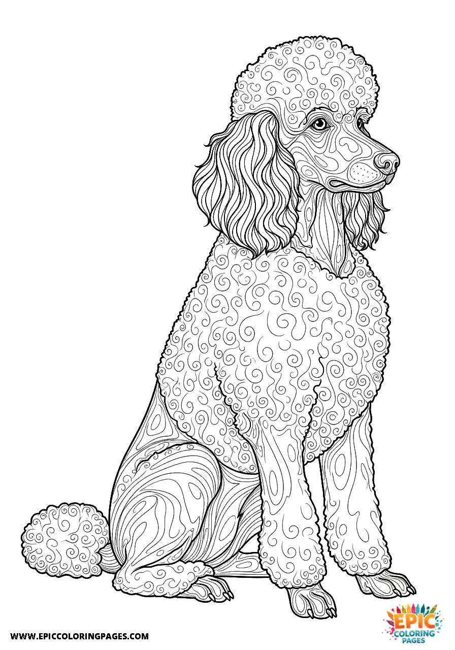 Standard Poodle Dog Sitting Majestically In A Three Quarter View Realistic Style For Adults Realistic Standard Poodle dog coloring page for adults sitting majestically in a three quarter view
