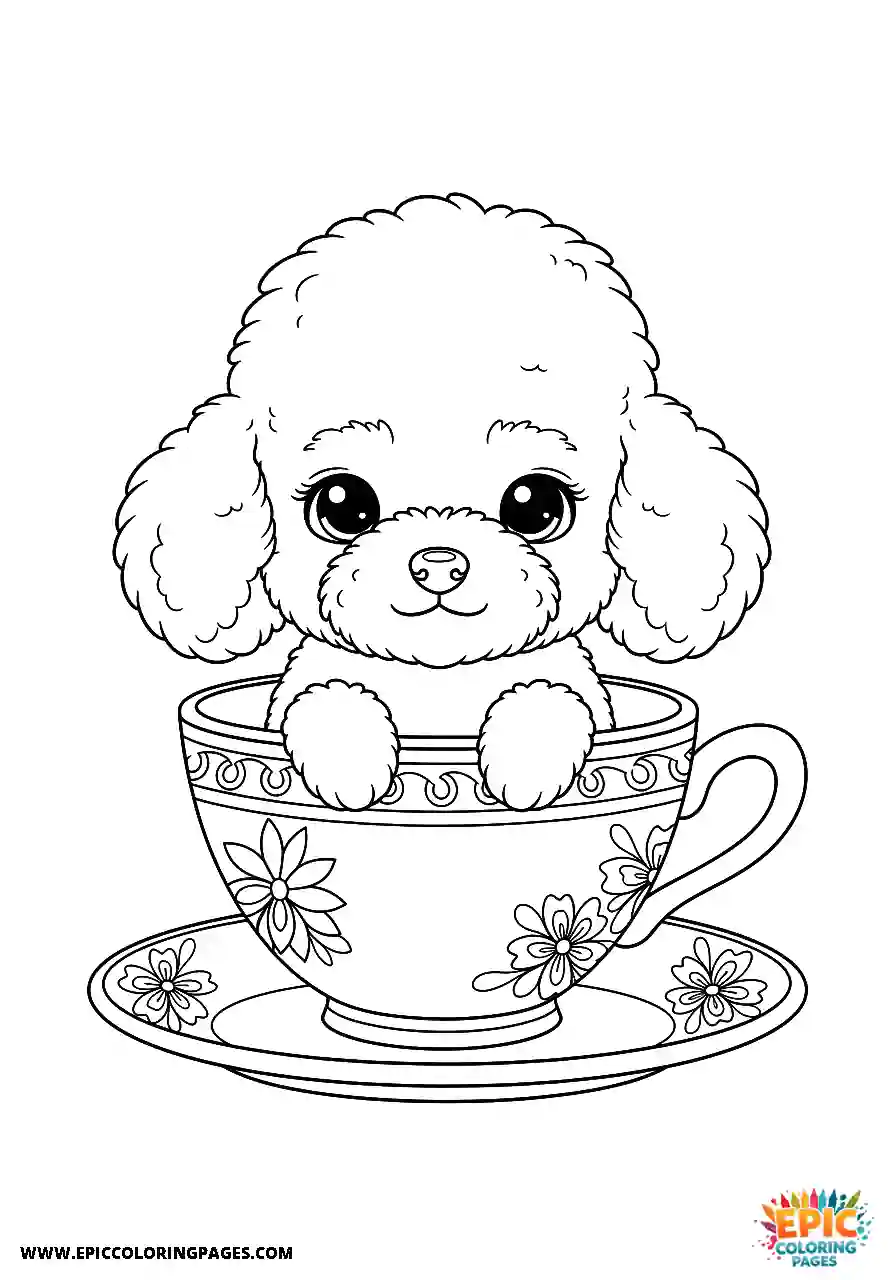 Poodle tiny poodle resting within a large ceramic cup chibi style