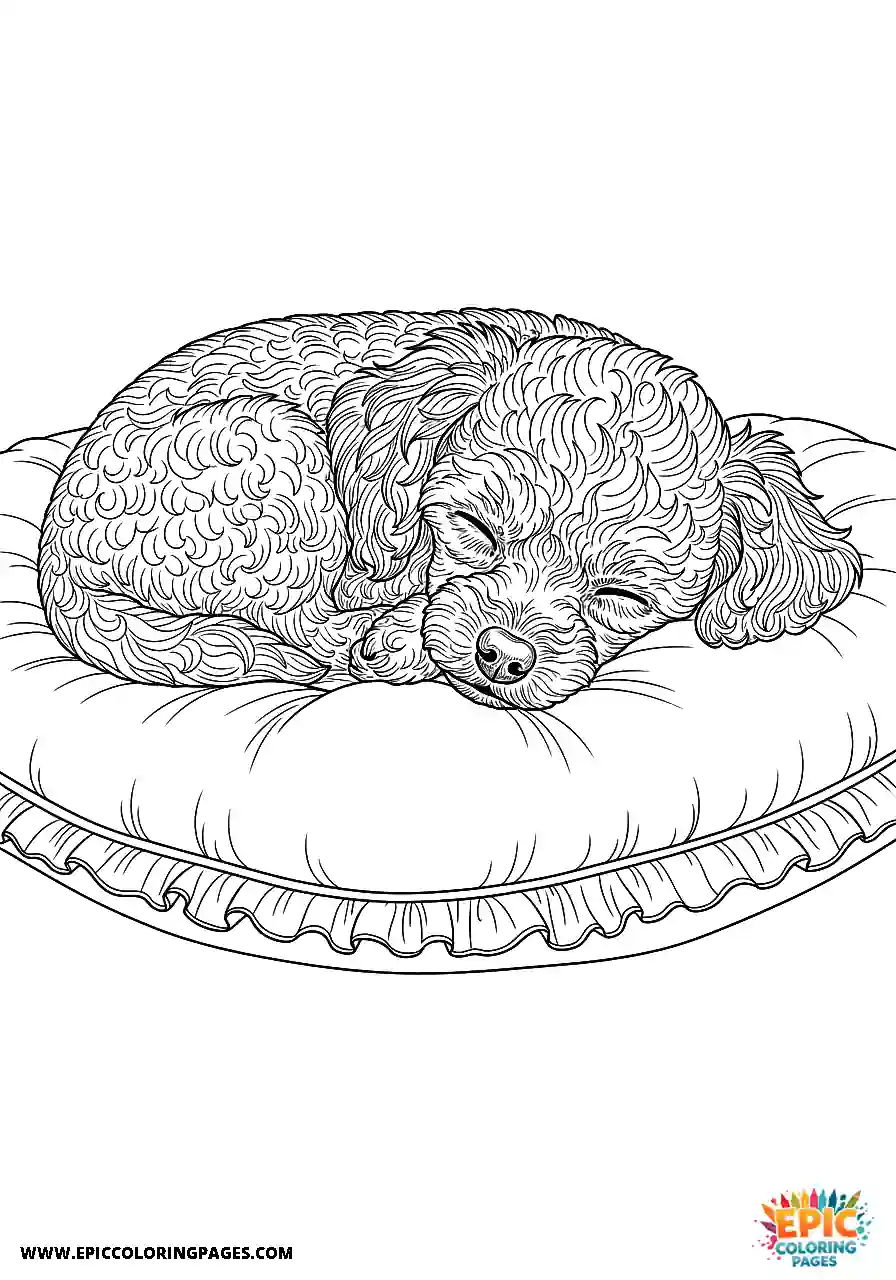 Toy Poodle Puppy Sleeping Curled Up On A Soft Cushion Realistic Style Realistic Toy Poodle puppy coloring sheet for adults sleeping curled up on a soft cushion