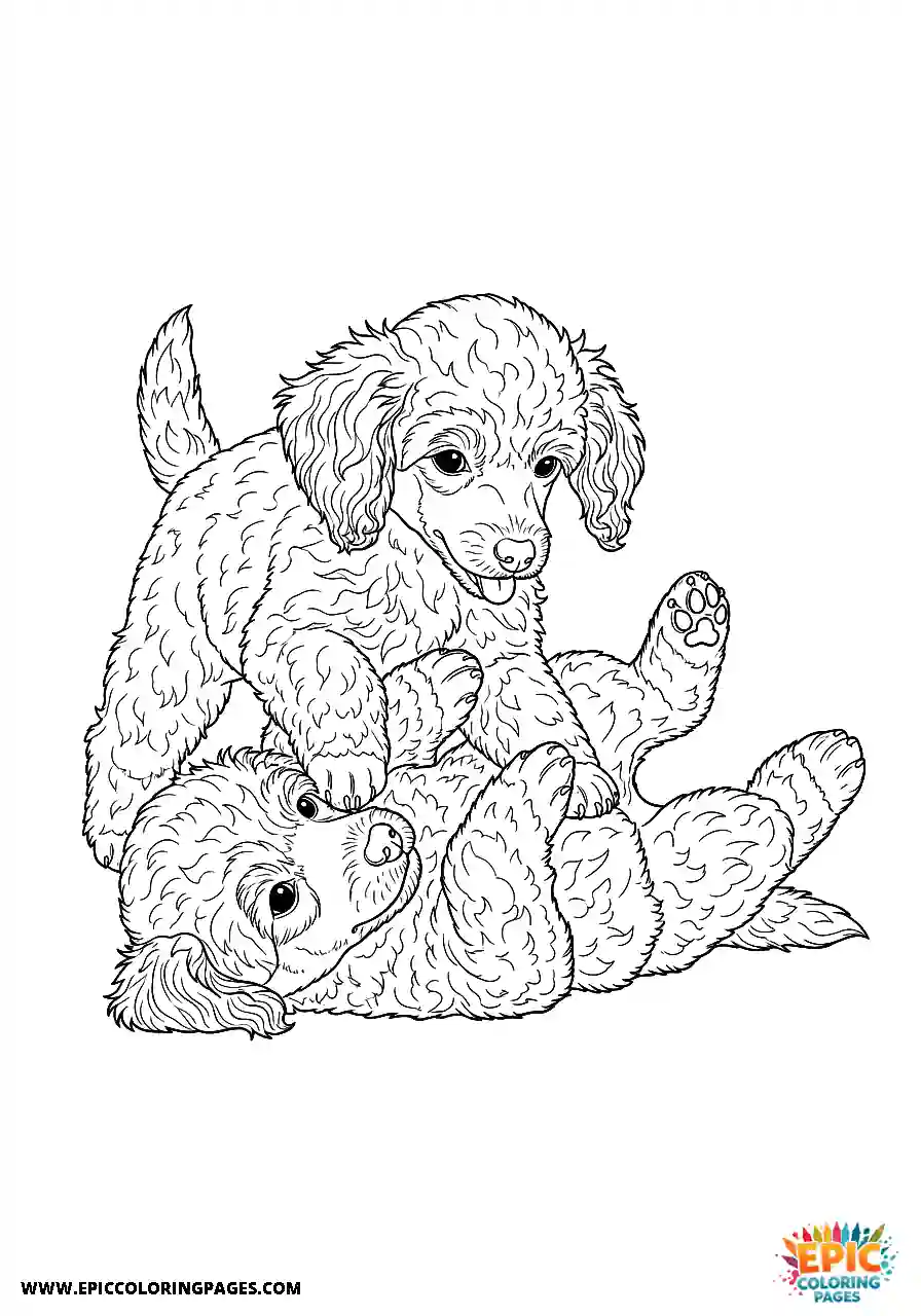 Two Poodle Dog Puppies Playing Happily Together Realistic Style Realistic two Poodle dog puppies coloring sheet for adults playing happily together