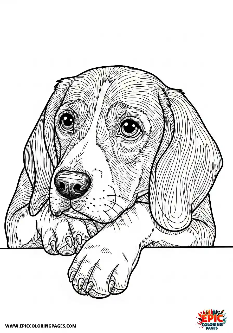 Beagle Anime style beagle harrier in a thoughtful pose with its head resting on its paws