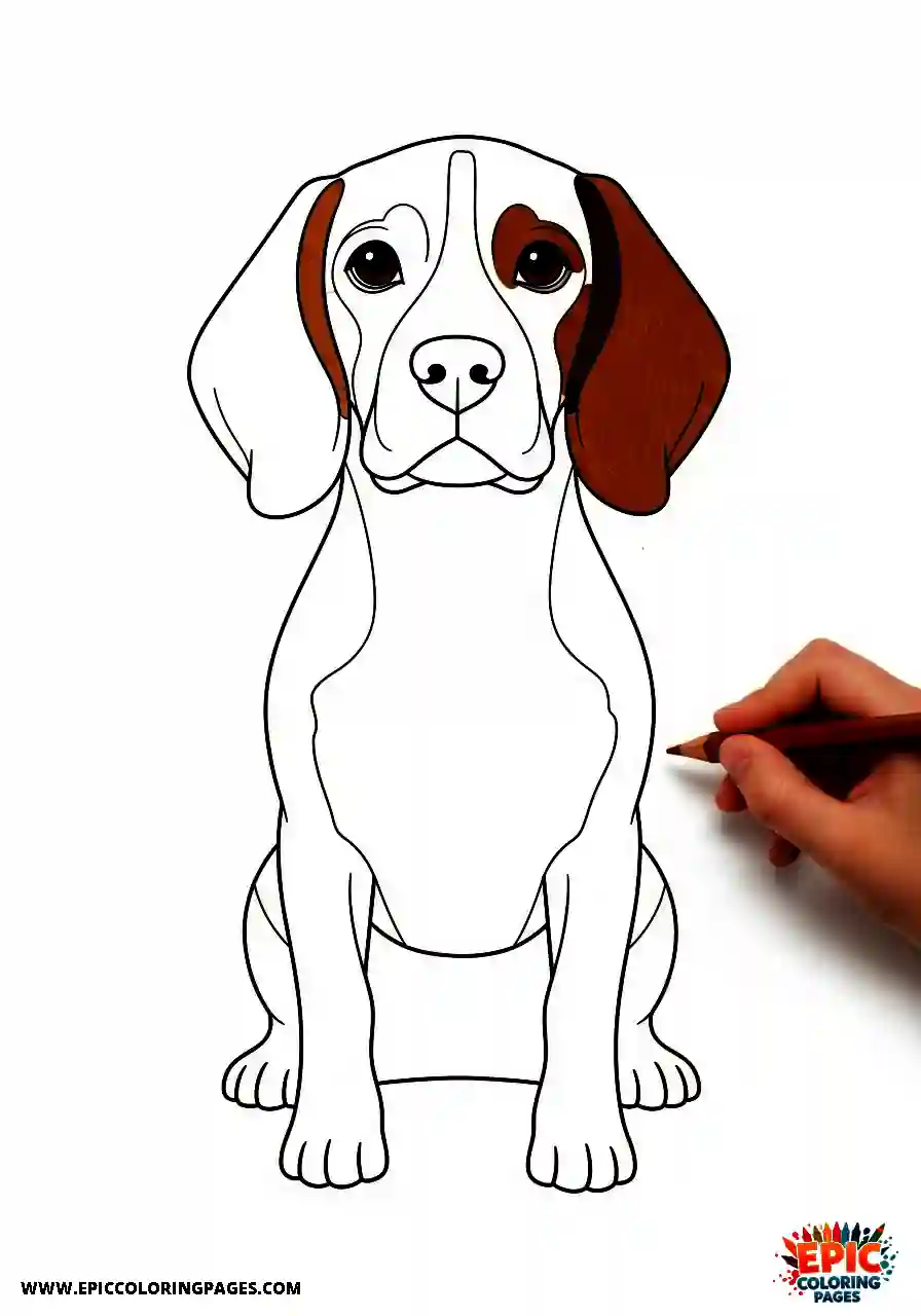 Beagle coloring Page featuring a cute pup sitting down, designed with thick lines to make coloring easy and fun for kids and beginners.