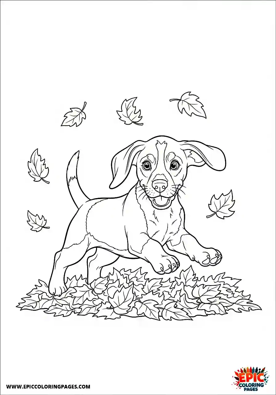 Beagle Beagle harrier puppy frolicking in fallen fall foliage