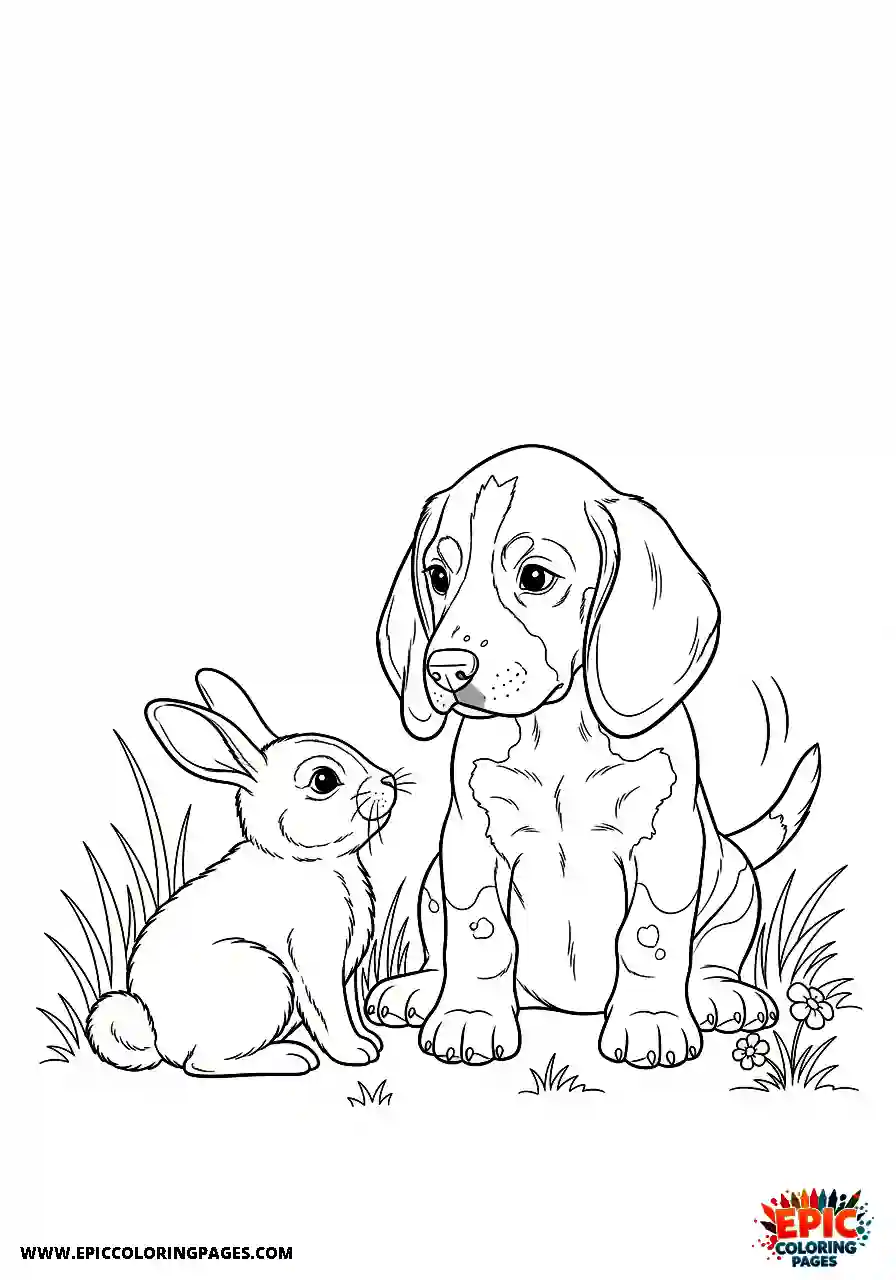 Beagle Beagle harrier puppy interacting socially with a rabbit