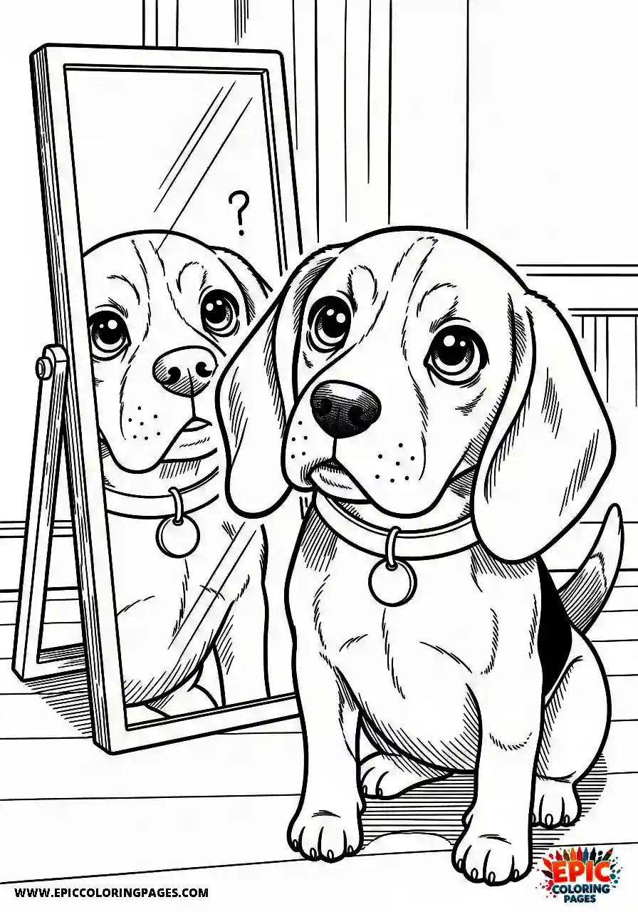 Beagle Beagle hound looking at a mirror with a puzzled expression
