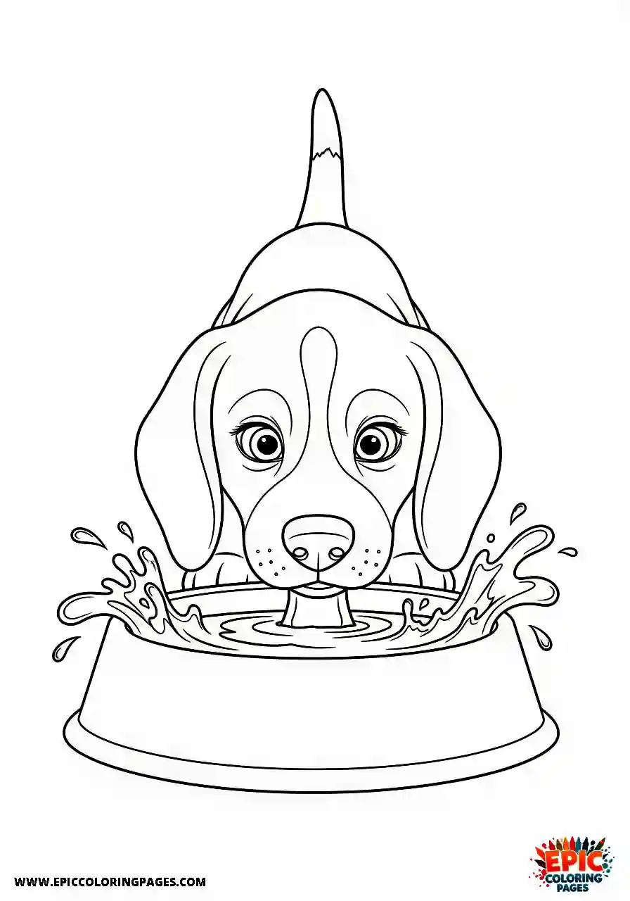 Beagle Beagle pet hydrating from a dish while creating a wet mess