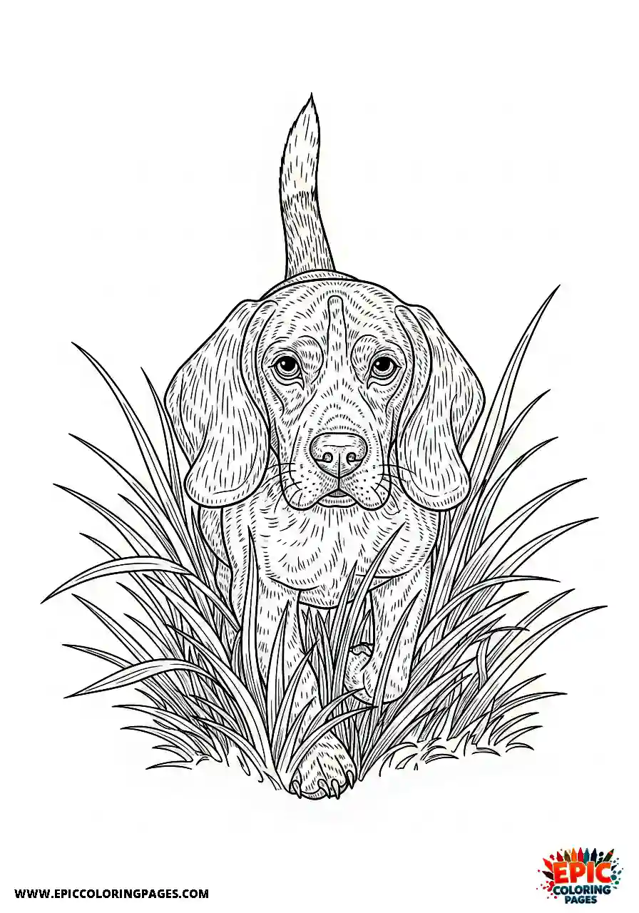 Beagle Beagle walking across a dense meadow while tracking a scent