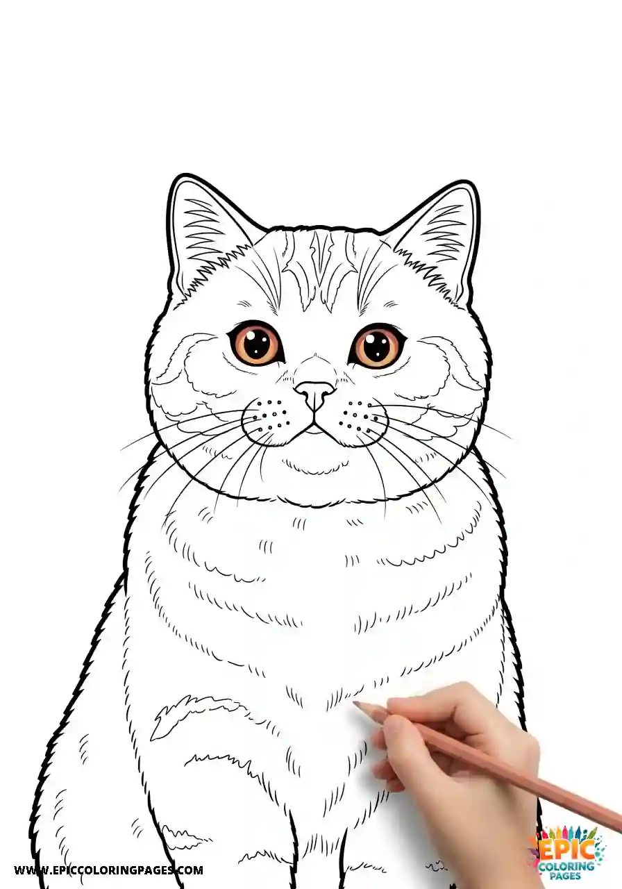 British Shorthair coloring Page with a round-faced fluffy cat illustrated in thick lines for easy and relaxing coloring
