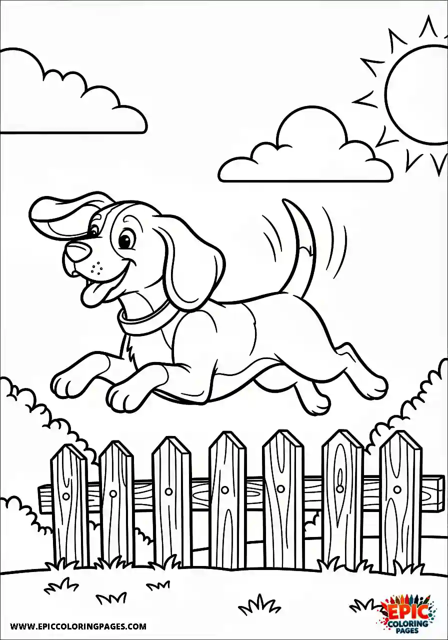 Beagle Cartoon style athletic beagle harrier pup leaping effortlessly over a tiny hurdle