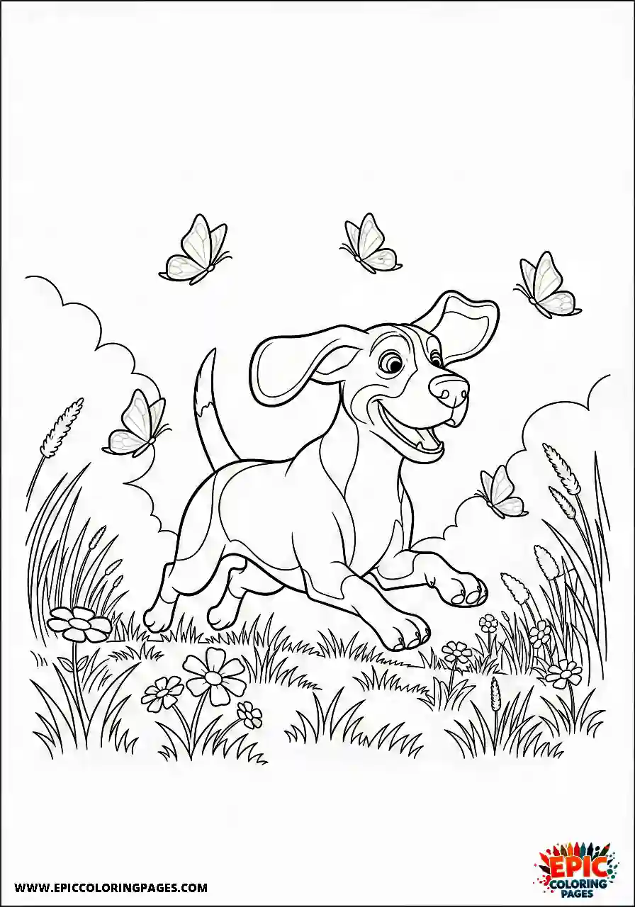 Beagle Cartoon style beagle harrier dog running through a meadow with butterflies