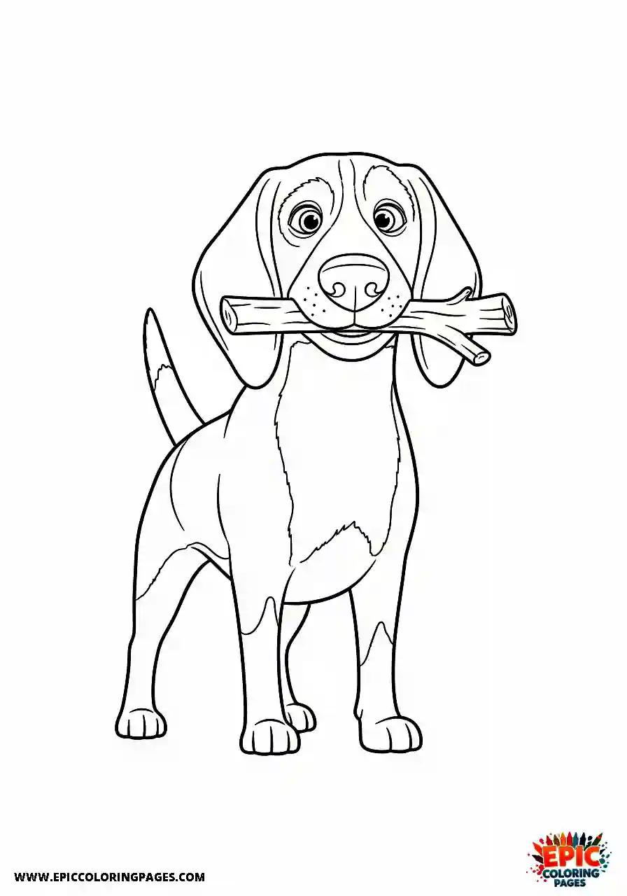 Beagle Cartoon style beagle harrier hound holding a branch with pride