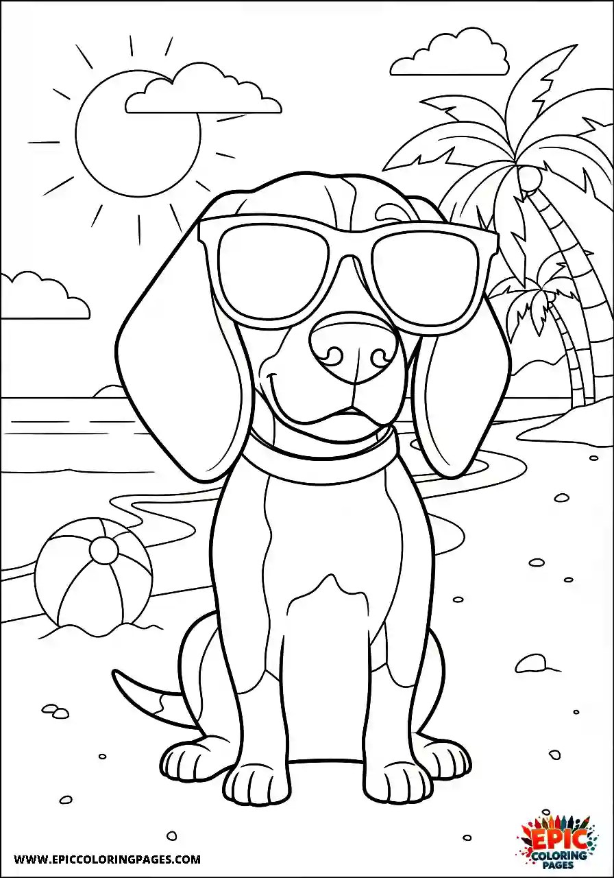 Beagle Cartoon style beagle harrier pet wearing sunglasses while looking cool at the beach