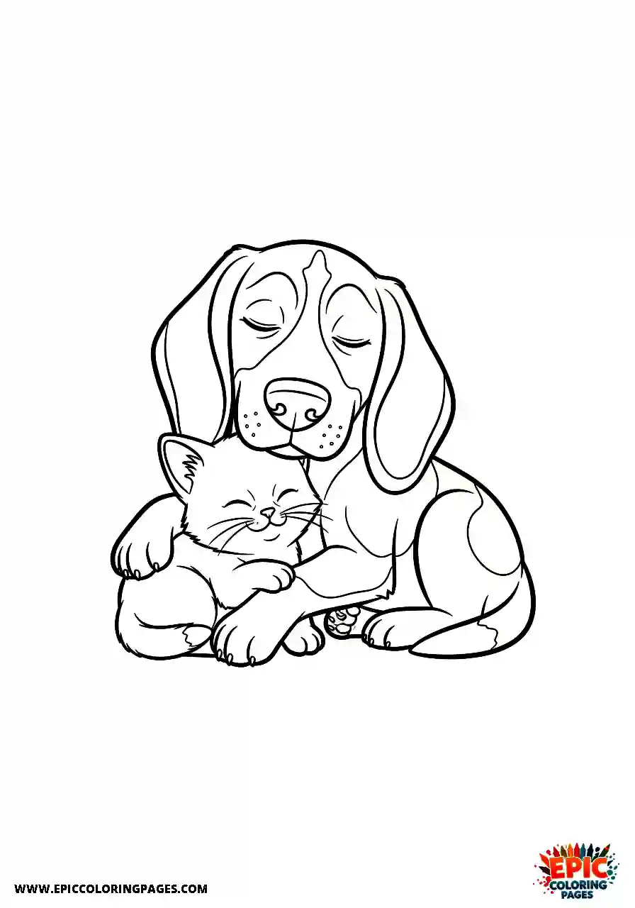 Beagle Cartoon style beagle harrier pup cuddling gently with a young cat